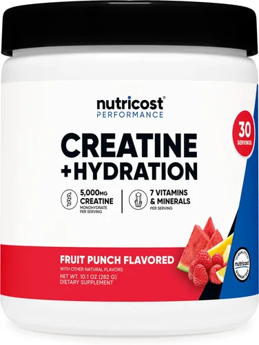 Nutricost Monohidrato de creatina + hidratación sabor a ponche de frutas (30 porciones) – 7 vitaminas y minerales, 5000 mg de creatina por porción