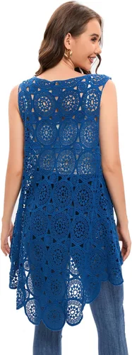 Miniatura 2 de Chaleco de encaje de ganchillo para mujer, estilo bohemio, sin mangas, kimono con dobladillo irregular