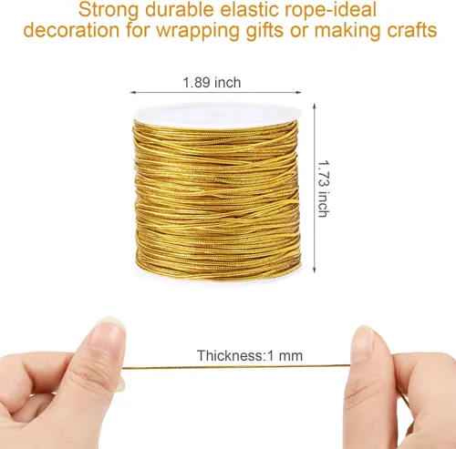 Miniatura 2 de 2 Rollos de Cordones Elásticos Metálicos Cinta de Cordón Metálico de Oropiel para Hacer Manualidades y Envolver Regalos, 1 mm 50 m Dorado