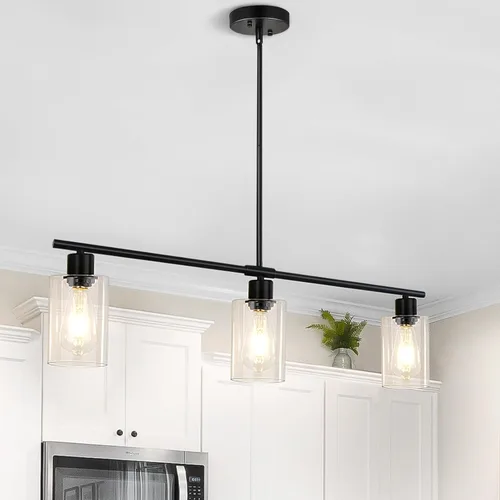 Iluminación de isla de cocina, 3 luces lineales negras con pantalla de vidrio, iluminación colgante de cocina industrial sobre la isla, lámpara