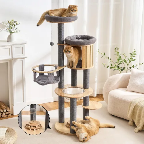 Miniatura 13 de 797Audio Moderno árbol de madera para gatos, árbol estético para gatos de 46 pulgadas con postes rascadores de madera de pino natural y condominio