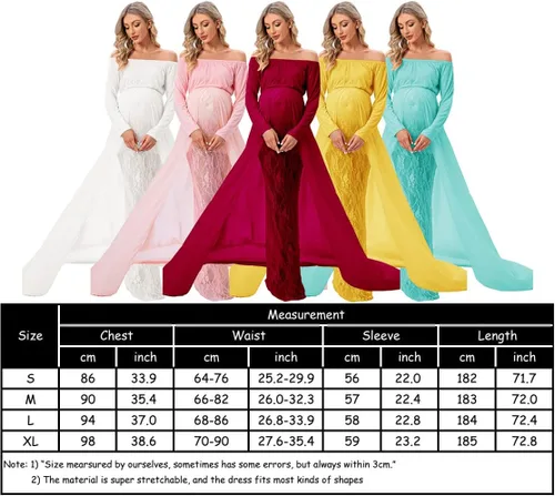 Miniatura 7 de ZIUMUDY Vestido de sesión de fotos de maternidad de manga larga con hombros descubiertos, vestido de encaje ajustado con capa larga de gasa trian
