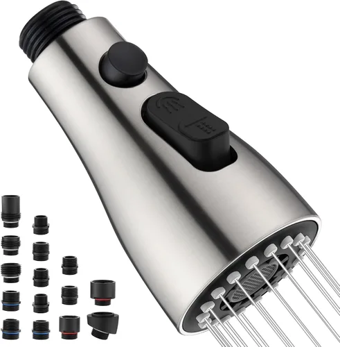 Repuesto de cabezal de grifo de cocina con 15 adaptadores, 3 funciones, cabezal rociador extraíble para grifo de cocina, boquilla de cabezal Níquel