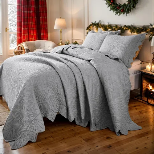 Miniatura 2 de Brandream - Juego de edredón tamaño Queen de algodón, edredones de estilo granja, ropa de cama Matelasse, colcha con borde festoneado, 3 piezas