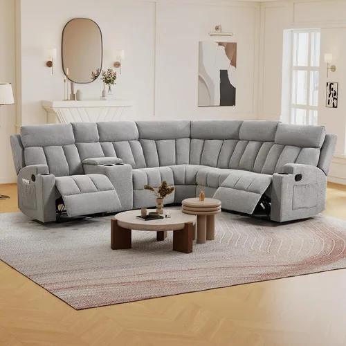 Miniatura 13 de CANMOV Juego de sofá modular reclinable manual, juegos de muebles de tela en forma de L, sofá esquinero modular reclinable y silla reclinable
