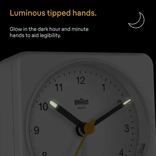 Miniatura 2 de Braun Reloj despertador analógico clásico con repetición y luz, movimiento de barrido de cuarzo silencioso, alarma de pitido Crescendo en blanco
