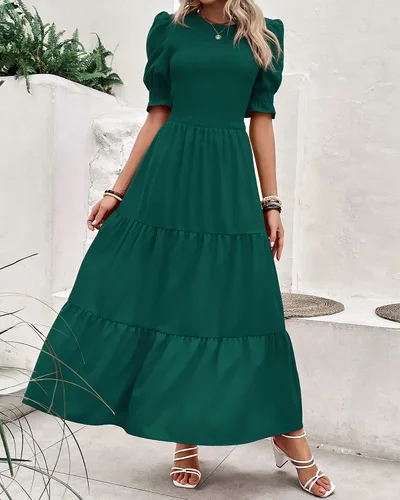 Miniatura 156 de BTFBM Vestidos para mujer, cuello redondo, casual, de verano, con volantes, manga corta, bohemio, con niveles, fruncido, largo, con estampado floral