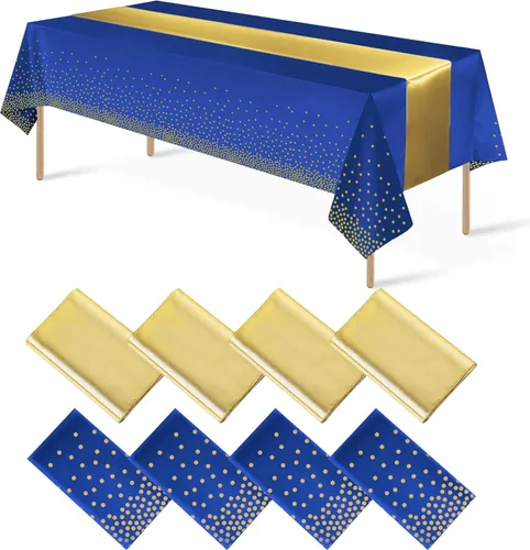 Miniatura 12 de 8 paquetes de manteles de plástico desechables y juego de camino de mesa de satén negro con dorado, mantel de satén dorado para graduación, boda