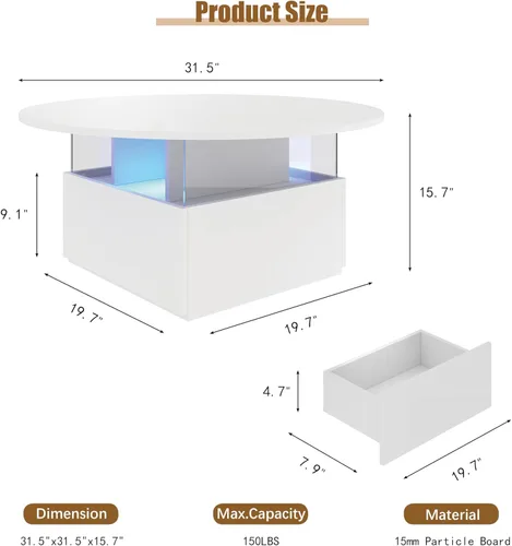 Miniatura 2 de HedoAjim Mesa de café redonda de 31.5" para sala de estar, mesa moderna de sala de estar con LED y almacenamiento, mesas de café cuadradas