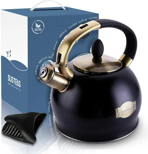Miniatura 7 de SUSTEAS Tetera Silbante para Estufa - Tetera de Té de Acero Inoxidable Grado Alimenticio con Mango Ergonómico de Toque Frío, Con 1 Guante de Negro