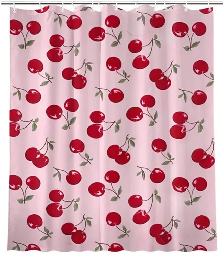 Miniatura 3 de KOMIKU Juego de cortina de ducha estética de frutas con diseño floral de cereza rosa, decoración de baño de frutas de verano, de poliéster, lona