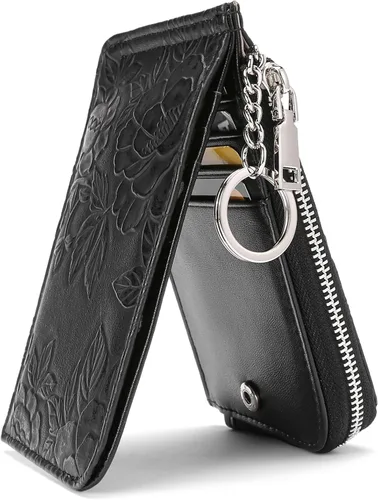GAEKEAO Cartera pequeña porta tarjetas de crédito para mujeres RFID de cuero delgada tipo pulsera con llavero y bolsillo con cremallera, Negro,