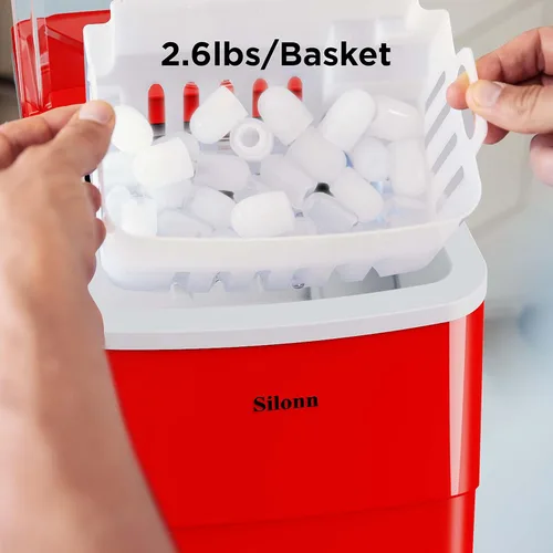 Miniatura 5 de Silonn - Máquina de hacer hielo para encimera, 9 cubos listos en 6 minutos, autolimpiable, 2 tamaños tipo bala, para casa, cocina, oficina, bar