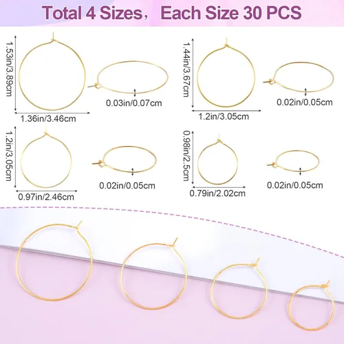 Miniatura 2 de OIIKI 120 piezas de aros para hacer aretes, 4 tamaños de aros para joyería con baño de oro, aros abiertos, anillos de metal para aretes, cuentas 120