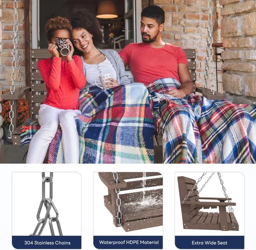 Miniatura 62 de KINGYES Columpio colgante para porche al aire libre, silla de columpio de patio de 2 asientos con portavasos, banco impermeable para patio y jardín