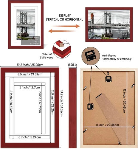 Miniatura 2 de Portarretratos de madera maciza de 9 x 12 pulgadas, 6 x 8 y 5 x 7 pulgadas, con o sin paspartú, montaje en pared o tablero de mesa (rojo)