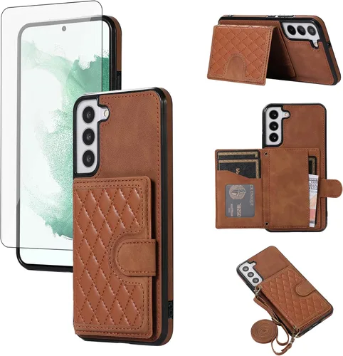 Asuwish Funda de teléfono para Samsung Galaxy S22 Plus S22+ 5G, funda tipo cartera con protector de pantalla de vidrio templado y correa cruzada,