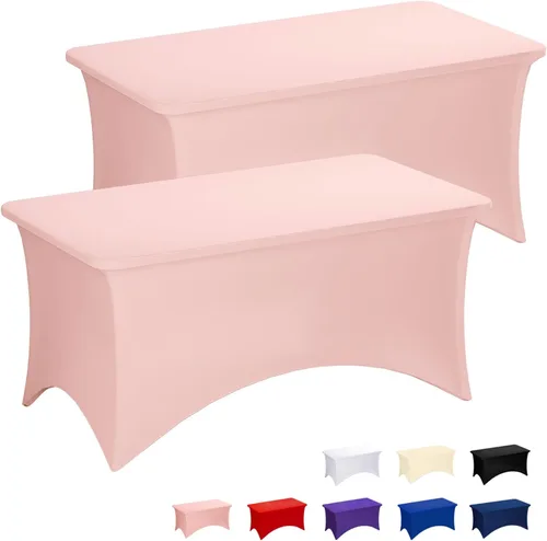 Fixwal Baby Pink Stretch Table Cloth Rectangle 2 Pack 4Ft, Spandex Fitted Table Covers Washable for Party, Trade Show, Banquet, Wedding, Buffet