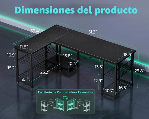 Miniatura 3 de Casaottima Escritorio para juegos en forma de L de 51 pulgadas con estantes y tomas de corriente, escritorio reversible para computadora