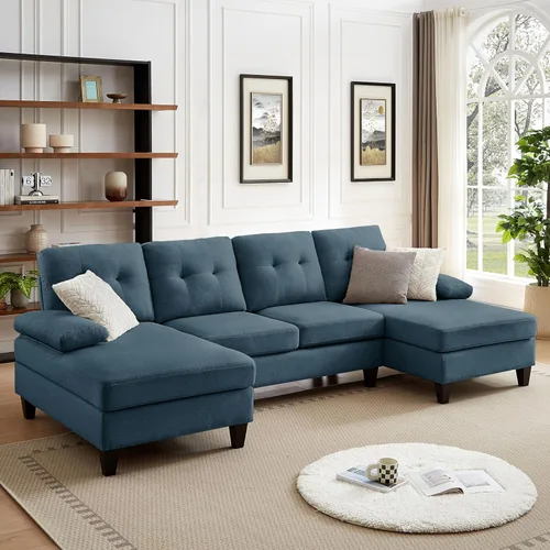 Miniatura 7 de Sofá modular de 111 pulgadas para sala de estar, sofá en forma de U de 4 plazas con doble diván de fibra de lino de poliéster, beige Gris claro