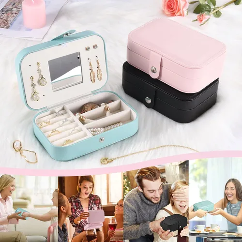 Miniatura 6 de AONCO Joyero, caja de almacenamiento portátil de joyería de viaje, caja de joyería pequeña para mujer, caja de almacenamiento de aretes con espejo