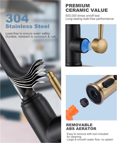 Miniatura 4 de Grifo de cocina de oro negro con rociador: WOWOW Grifo de fregadero de cocina de acero inoxidable 304 para 1 o 3 agujeros, llave mezcladora de arco