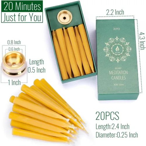 Miniatura 2 de Velas de cera de abeja pura de 20 minutos, velas de meditación sin goteo, mini velas cónicas, juego de 20 con portavelas de latón. 20 piezas