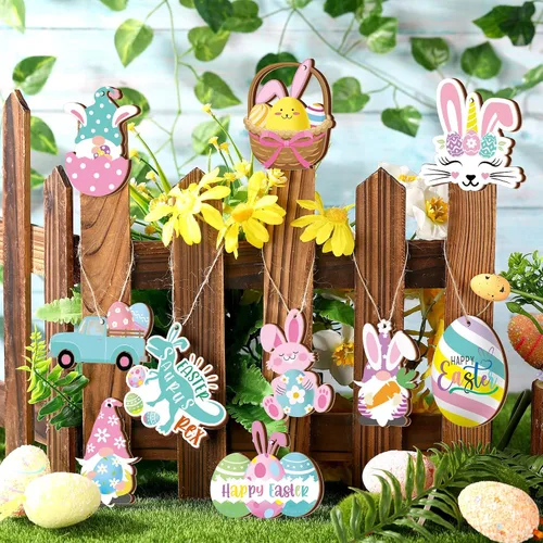 Miniatura 7 de Chunful 30 adornos de Pascua para árbol, feliz Pascua, adornos colgantes de madera, huevos de primavera pastel, zanahoria, conejo, cesta de árbol