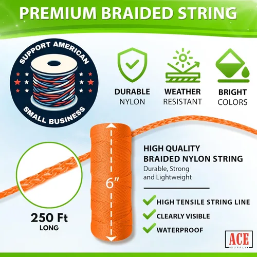 Miniatura 2 de Línea de cuerda Orange Mason Line – Cuerda de nailon trenzado #18 – 250 pies de longitud – Cordel de nailon para herramientas de jardinería