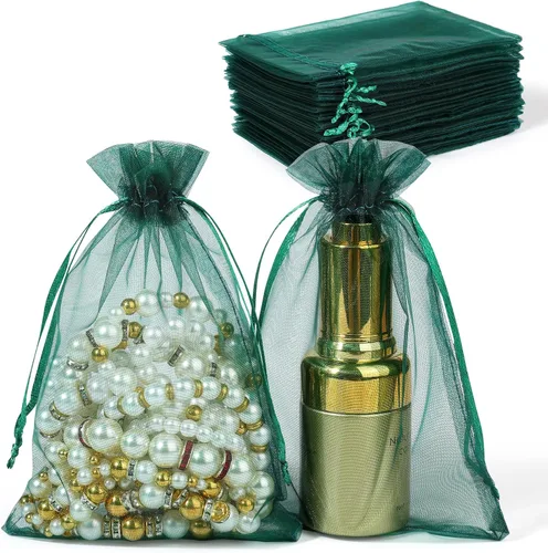 Miniatura 13 de Hopttreely 100 bolsas de organza transparente, bolsas de regalo de joyería roja, bolsas de regalo de boda de Navidad de 4 x 6 pulgadas con cordón
