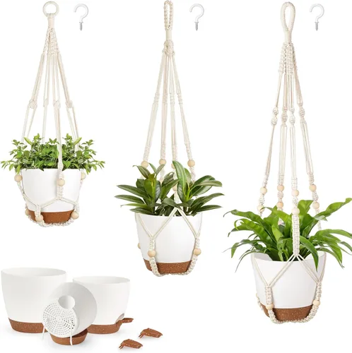Miniatura 6 de Mkono - Macetas colgantes, perchas de macramé con macetas auto-regantes. Juego de 3 cestas colgantes para interiores, soportes para macetas