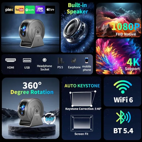 Miniatura 2 de [Aplicaciones integradas y enfoque automático] Mini proyector 4K 1080P 2026 actualizado Auto Keystone Proyector giratorio de 360° portátil, con WiFi