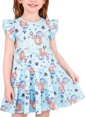 Miniatura 24 de Vestido casual para niñas, de algodón suave, manga corta, transpirable, acampanado, para adolescentes, talla 2T, 3T, 4T, 5, 6, 7, 8, 9, 10, 12, 13