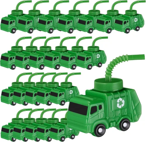 Miniatura 7 de Tanlade 12 juegos de tazas de basura con pajitas, decoraciones de fiesta de cumpleaños de camión de basura, 10 onzas de plástico con forma de coche
