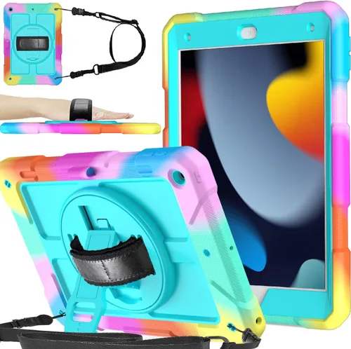 Miniatura 17 de BMOUO Funda para iPad de 9ª/8ª/7ª generación de 10.2", a prueba de golpes con soporte giratorio de 360°, correa de hombro y mano, funda para iPad