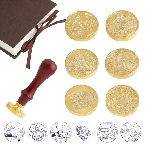 Miniatura 12 de Juego de sellos de cera, 6 piezas de sellos de cera de sellado, cabezales de cobre + 1 empuñadura de madera, kit de sello de cera de sellado