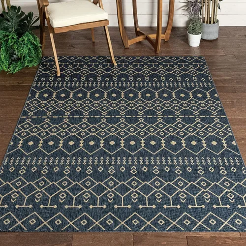 Well Woven Medusa Nord - Alfombra marroquí tribal para interiores y exteriores, color azul, tejido plano, 5 pies 3 pulgadas x 7 pies 3 pulgadas