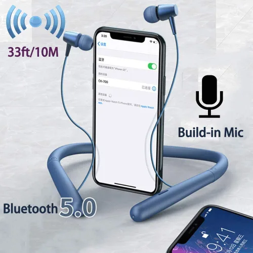 Miniatura 5 de Auriculares Bluetooth inalámbricos Bluetooth 5.0 con banda para el cuello con 20 horas de reproducción, controladores de 0.394 pulgadas, auriculares