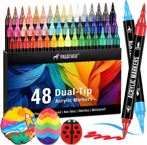 Miniatura 10 de Pagather Marcadores de pintura acrílica en blanco y negro, paquete de 12 marcadores de doble punta con punta fina y punta de pincel para piedra, 12