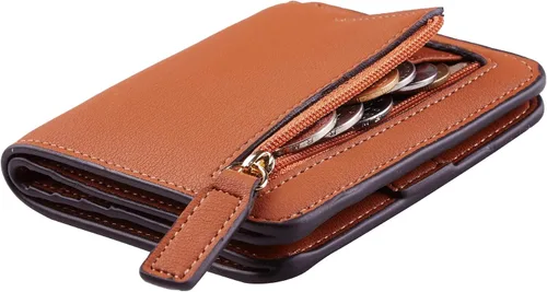 Miniatura 28 de Toughergun Cartera pequeña de cuero delgada para mujer con protección RFID, mini monedero bifold compacto con ventana de identificación transparente