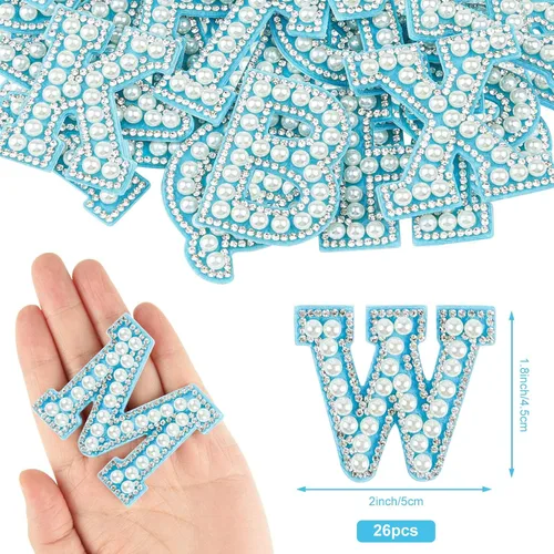 Miniatura 2 de Morcheiong 26 piezas de parches de letras con diamantes de imitación de perlas autoadhesivas A-Z, parches de letras de perlas para pegar en ropa