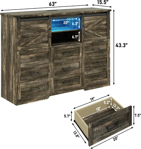Miniatura 2 de Cómoda para dormitorio con 9 cajones, cómoda de madera de 43 pulgadas de alto con puertas corredizas de granero, luces LED, soporte de TV moderno