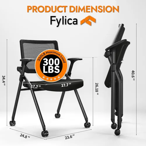 Miniatura 3 de Juego de 2 sillas de oficina plegables con ruedas de PU, malla ergonómica con respaldo elástico, silla apilable para sala de conferencias, silla