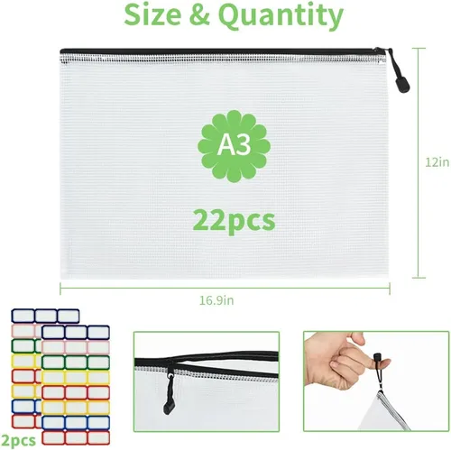 Miniatura 2 de Vuzvuv 22 unidades tamaño A3 de 16.9 x 12 pulgadas, bolsa grande de malla con cremallera con etiquetas, bolsa de malla de plástico para documentos