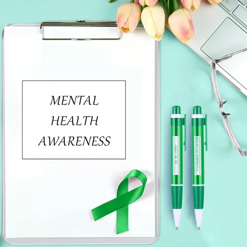 Miniatura 7 de 100 unidades de artículos de concientización sobre la salud mental, con cinta verde, bolígrafos con mensaje para el Día Mundial de la Salud Mental