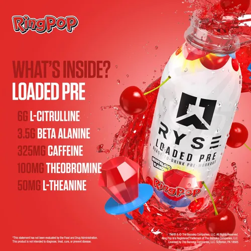 Miniatura 4 de RYSE - Bebida cargada para antes del entrenamiento, Ring Pop Cherry, sin azúcar, suplemento energético listo para beber con 325 mg de cafeína
