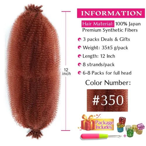 Miniatura 2 de Cabello afro trenzado elástico de 12 pulgadas, 3 paquetes, cabello afro Twist preesponjado, cabello de resorte previamente separado para extensiones