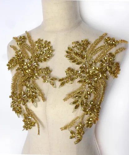 Parches de diamantes de imitación hechos a mano, apliques de cuentas para decoración de vestidos de novia, apliques de flores de oro Oro-b