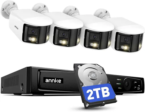 ANNKE Sistema de cámara de seguridad PoE 4K con lente dual, vista panorámica de 180°, NVR H.265+ de 12MP con disco duro de 2 TB, 4 cámaras IP con