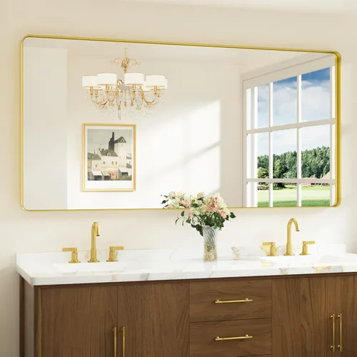 Miniatura 24 de Keonjinn Espejos de baño negros para sobre el fregadero, espejos cuadrados grandes de 36 x 36 pulgadas para pared, espejo rectangular redondeado